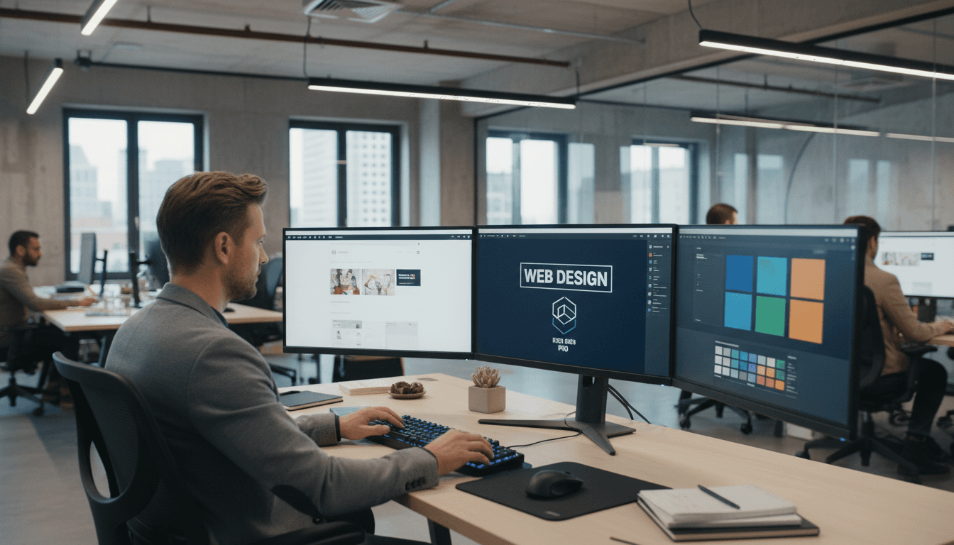 Professional web designer reviewing website layouts on computer in bright modern office