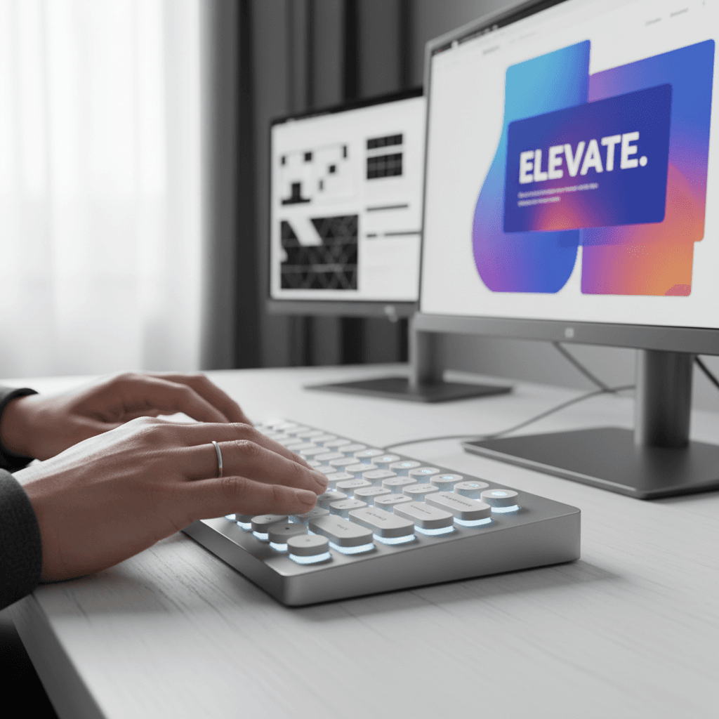Designer's hands typing on mechanical keyboard with responsive website mockup visible on monitor