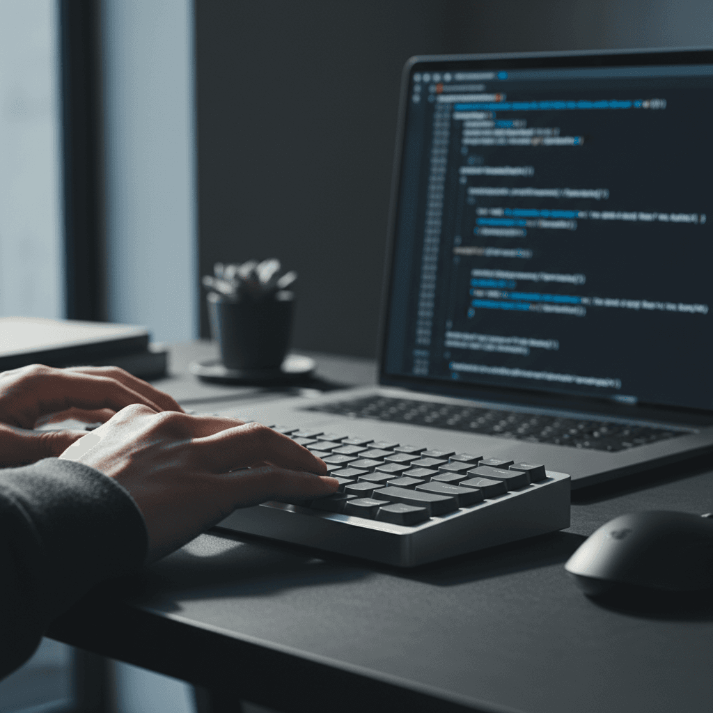 Developer's hands typing on mechanical keyboard with code displayed on laptop screen in modern tech workspace
