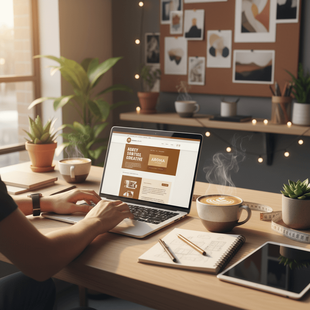 Web designer working on a laptop with a cup of coffee in a modern office