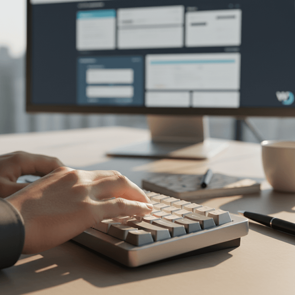 Close-up of professional hands typing on mechanical keyboard with website design visible on computer screen in background