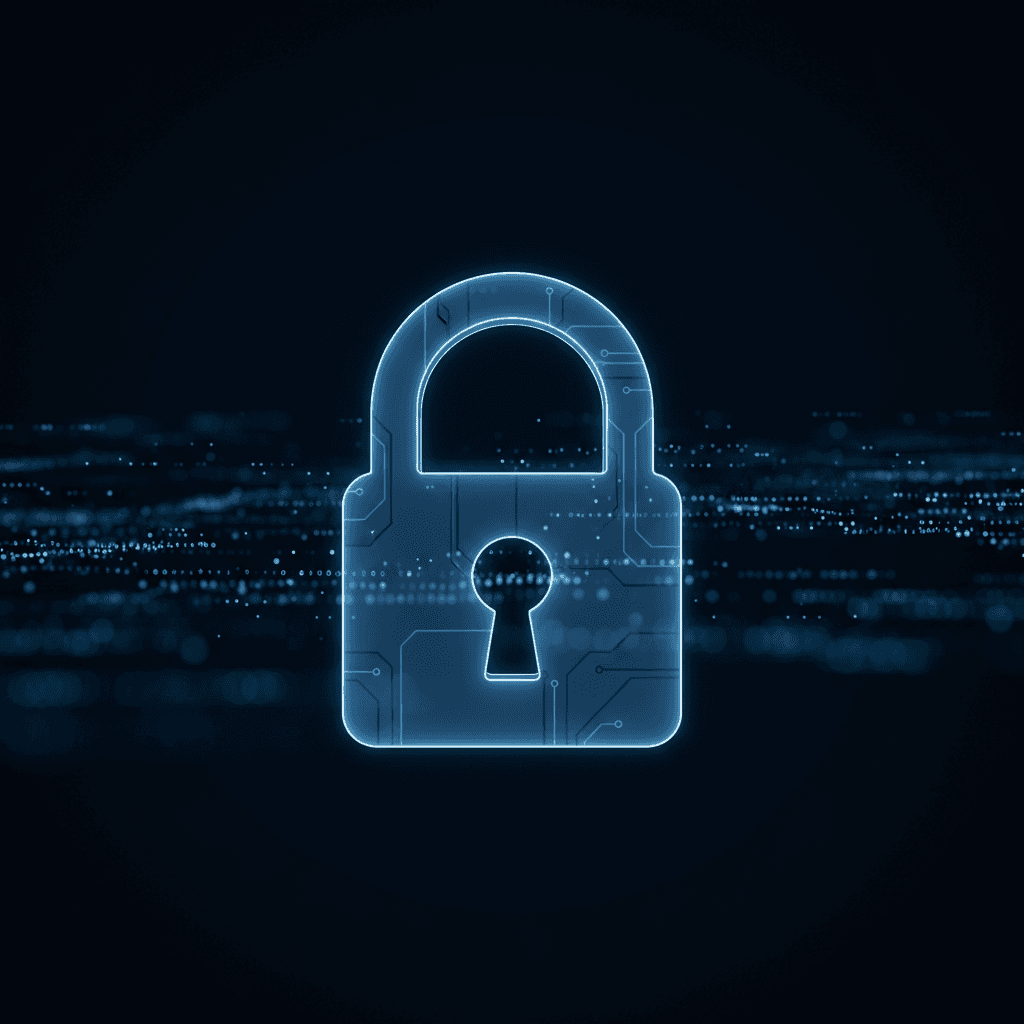Glowing blue padlock icon symbolizing digital security and financial data protection on dark background