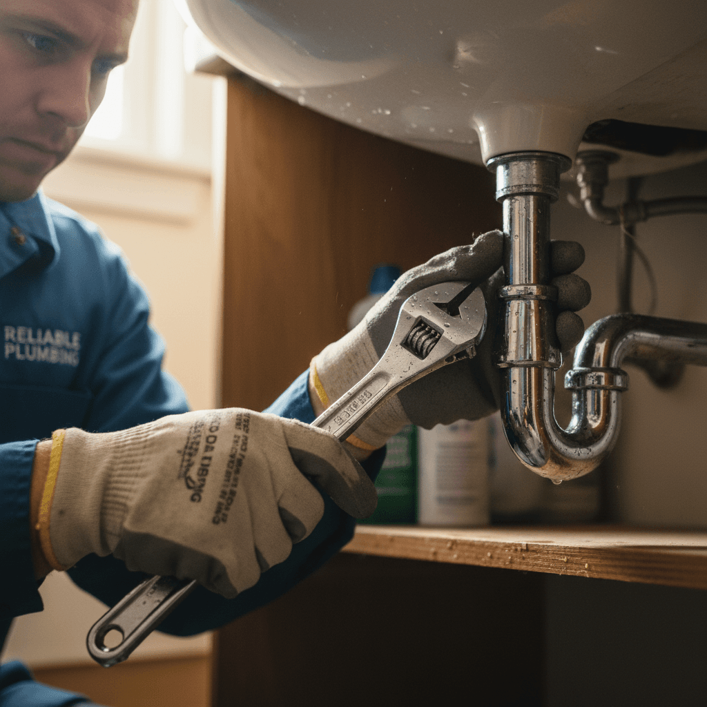 Plumber's hands tightening chrome pipe fitting under bathroom sink with adjustable wrench, demonstrating professional repair work