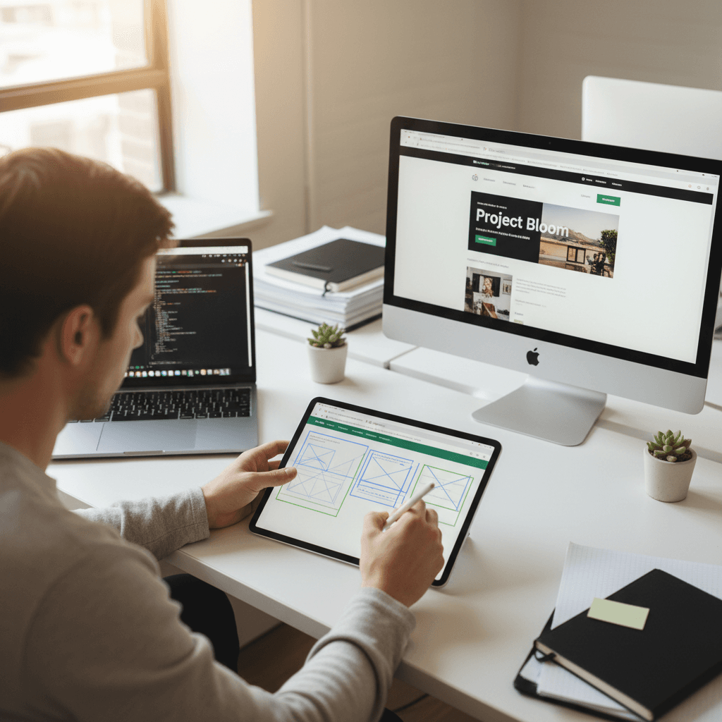 Web designer and client reviewing website design together at modern office workspace
