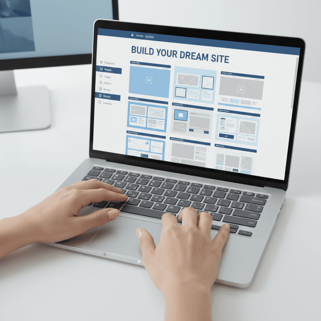 Close-up of hands typing on laptop keyboard displaying website builder interface with design templates