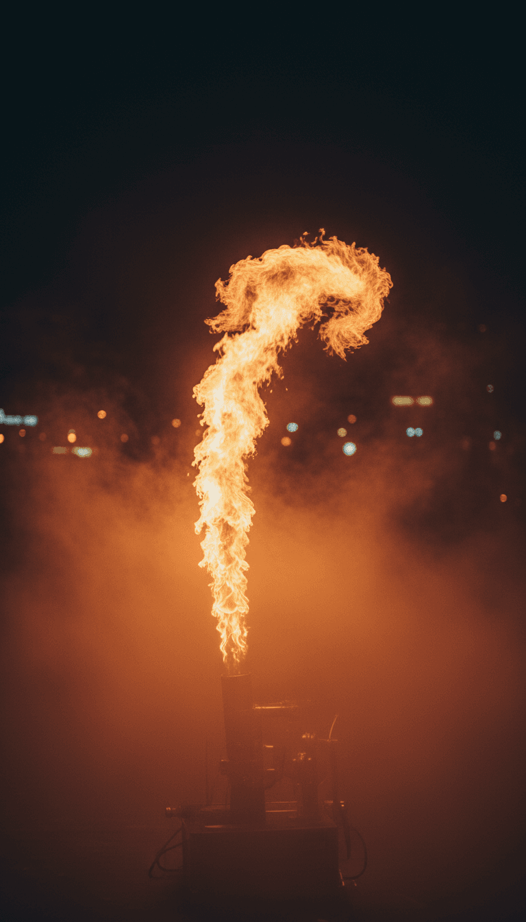 Professional fire machine creating dramatic flame arc against dark sky, surrounded by atmospheric fog and thermal effects