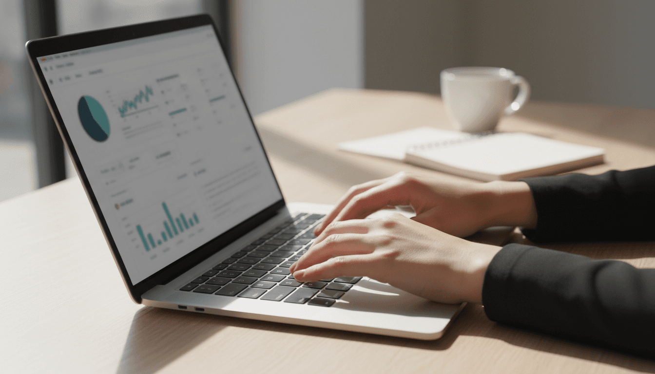 Local business owner reviewing lead generation website on laptop in professional office