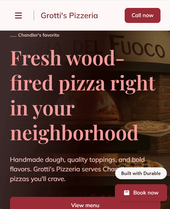 Grotti's Pizzeria website showing a wood-fired oven with pizzas and promotional text overlay.