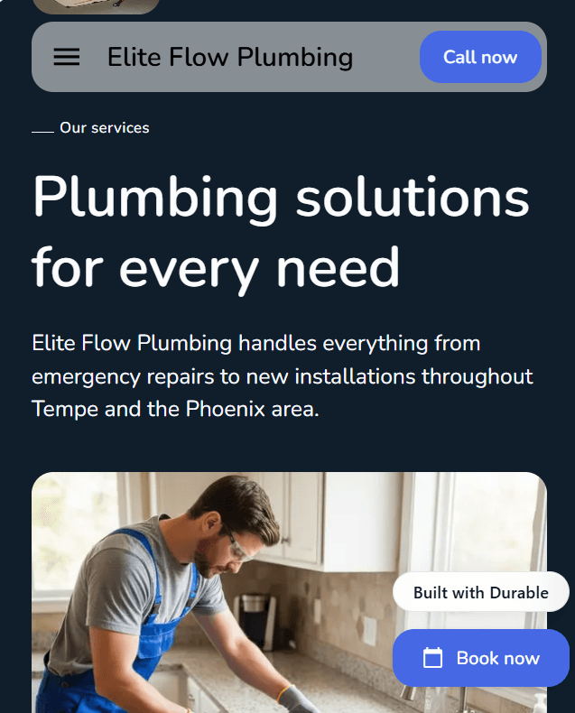 Elite Flow Plumbing website featuring a plumber working on a kitchen sink with booking buttons.