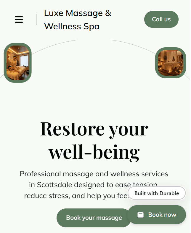 Luxe Massage & Wellness Spa homepage featuring massage therapy photos and online booking buttons.