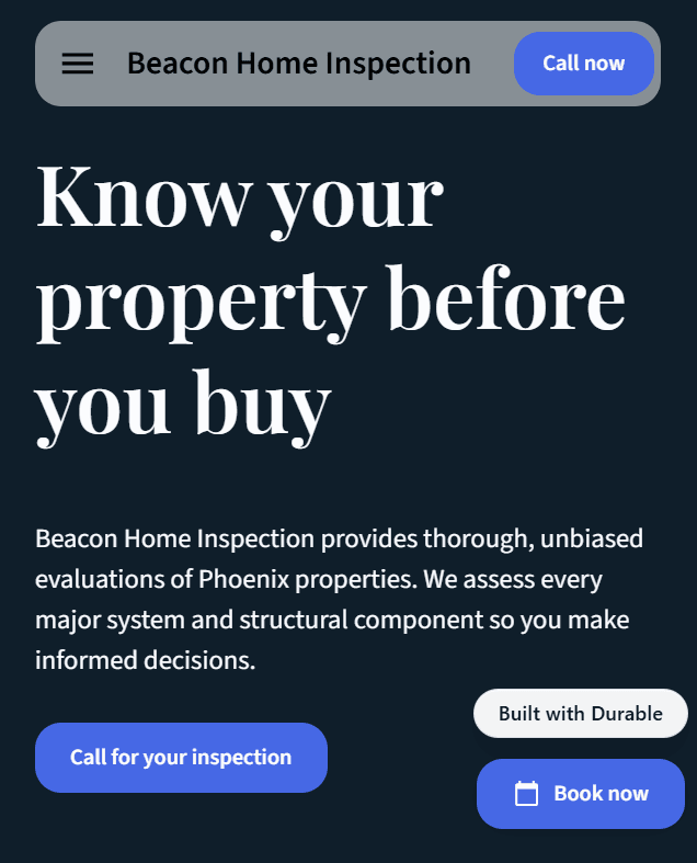 Beacon Home Inspection website for Phoenix with headline 'Know your property before you buy'.
